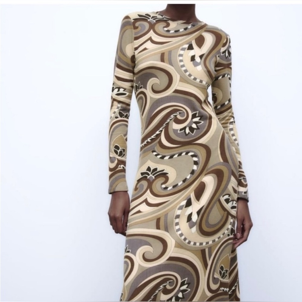 Zara Retro Abstract Print Midi Dress M Brown Gray Long Sleeve Stretch Jersey EUC
